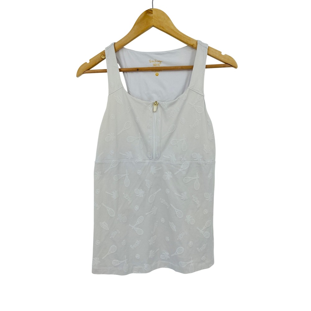 Lilly Pulitzer Luxletic Tank Top Womens M White Tennis Jacquard Sleeveless Zip